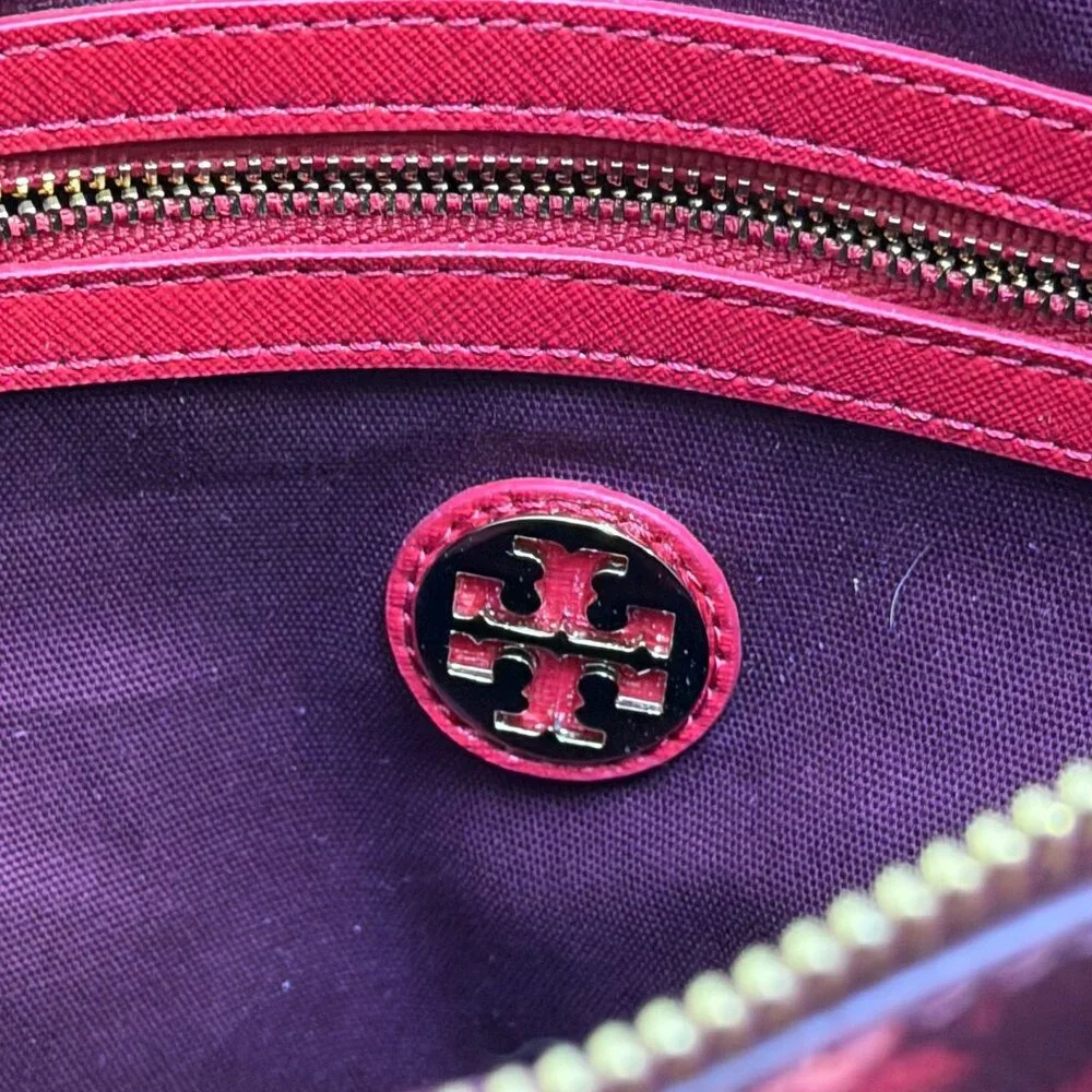 Tory Burch Red Floral Printed Satchel Tote Bag Adjustable Crossbody Vintage